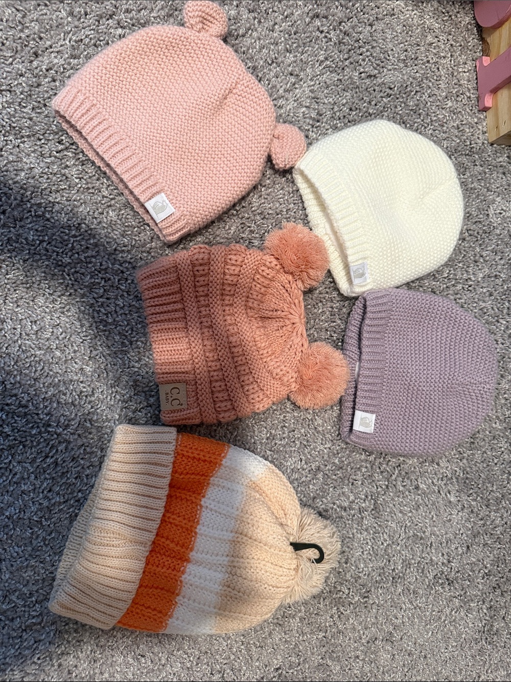 C.C Pastel Knit Baby Beanie Set - Pink, Cream, Mauve, Peach, Orange Stripe